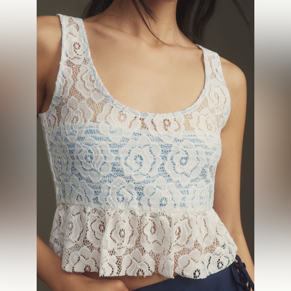 Anthropologie Maeve White Lace Peplum Crop Top with Light Blue Underlay